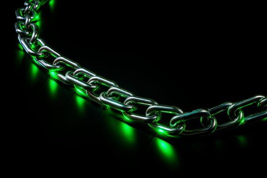 Metal chain glowing green on dark background representing blockchain technology