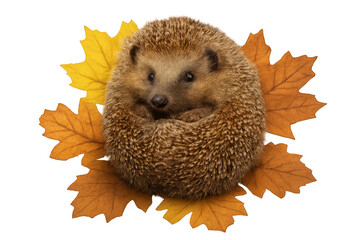 Hedgehog curling defensively among vibrant fallen autumn leaves, showcasing wildlife vulnerability on transparent background