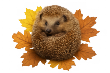 Hedgehog curling defensively among vibrant fallen autumn leaves, showcasing wildlife vulnerability on transparent background