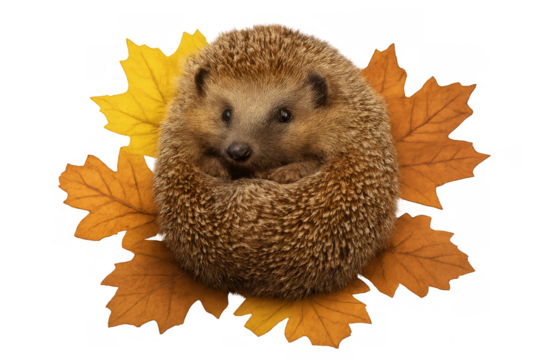 Hedgehog curling defensively among vibrant fallen autumn leaves, showcasing wildlife vulnerability on transparent background