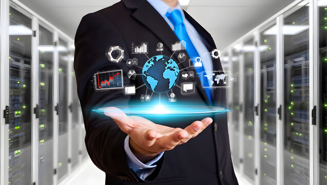 Business professional presents global technology solutions with networking and data analysis icons, showcasing modern server room connectivity.