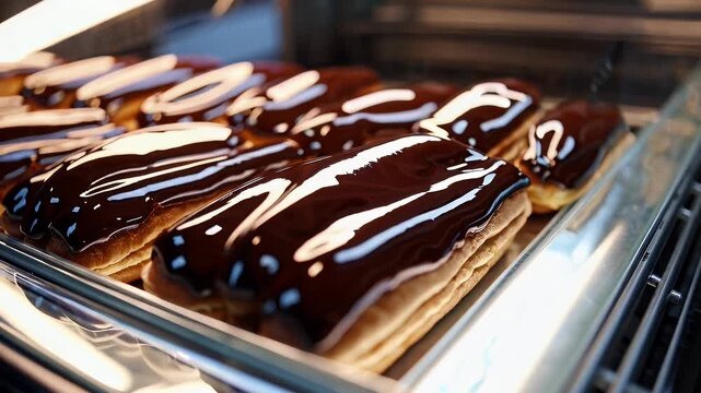 golden brown eclairs arranged neatly on bakery trays glisten with a delicate sheen filled with rich custard and ready for indulgent enjoyment offering luscious visuals perfect for patisserie