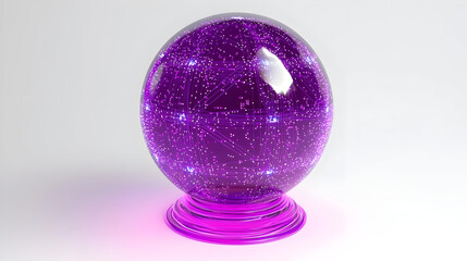 A translucent purple glass orb, seemingly glowing with inner purple light patterns, sits atop a matching purple pedestal.  Complex, intricate, glowing lines and dots are visible within the sphere