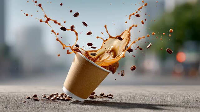 Coffee cup spills on pavement, creating dynamic splash of liquid and coffee beans, capturing the essence of a lively urban environment with blurred cityscape in the background