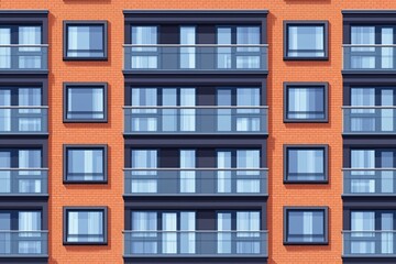 Fototapeta premium A modern apartment building facade featuring vibrant orange brick and contrasting blue windows with balconies. Ideal for urban lifestyle and architecture themes.