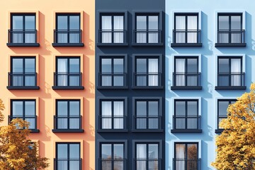Fototapeta premium A vibrant facade of a modern building showcasing alternating color blocks and sleek balconies, accented by trees in the foreground. Ideal for architectural themes.