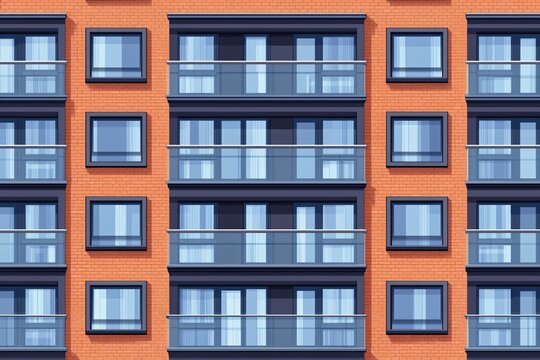 A modern apartment building facade featuring vibrant orange brick and contrasting blue windows with balconies. Ideal for urban lifestyle and architecture themes.