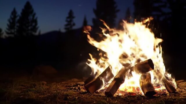 Glowing campfire by a jungle at dusk provides warmth and relaxation