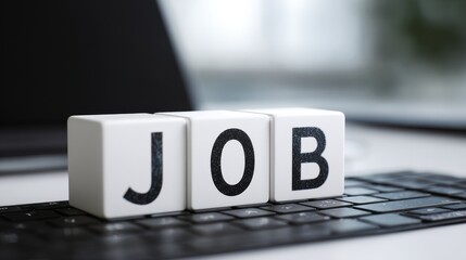 Blocks spelling JOB rest on a black keyboard laptop in the background