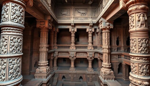 Intricate carvings adorn Adalaj & Rani ki Vav stepwells' interior walls and pillars,   ancient india,  heritage