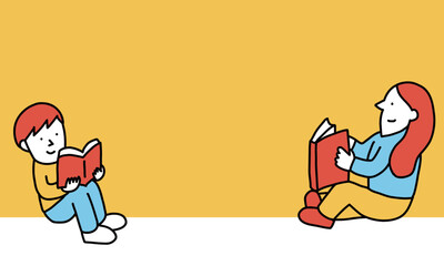 読書する二人のイラストフレーム　小学生と中学生・親子・男女