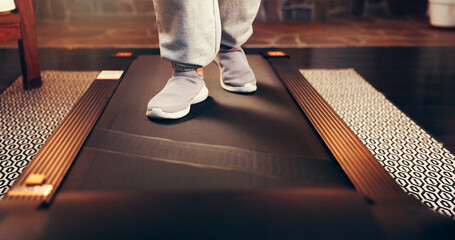 Home, treadmill and woman with sneakers, fitness and physiotherapy with cardio training, wellness...