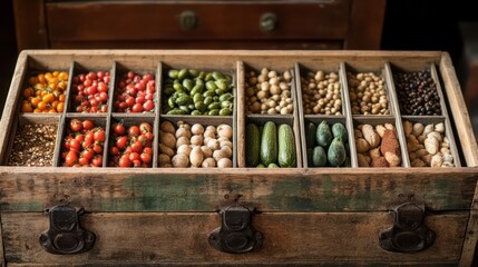 Rustic Wooden Drawer Filled with Assorted Fresh Vegetables and Produce