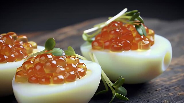 Elegant Deviled Eggs Topped with Red Caviar and Sprouts on Dark Wood A Culinary Delight Still Life Gourmet Treat