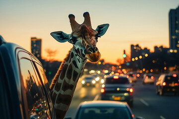 Urban Cityscape with Wild Giraffe at Night Amidst Traffic Lights Generative AI Concept