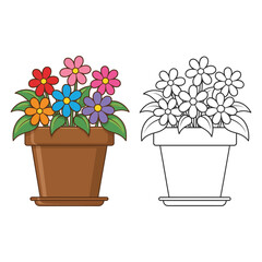 Colorful Flowers in Brown Pot and Outlined Version