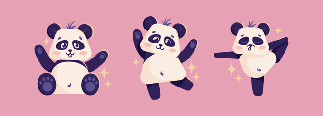 Set pandas in various poses. Cute panda animal characters. Wildlife and Asian nature concept. Vector illustration in flat cartoon style isolated © Olexandra Simkina
