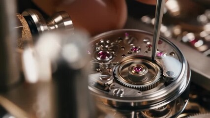 Precision watchmaking and repair process showing intricate movement with gears and jewels, skilled craftsmanship in luxury timepiece servicing – mechanical engineering and horology expertise.