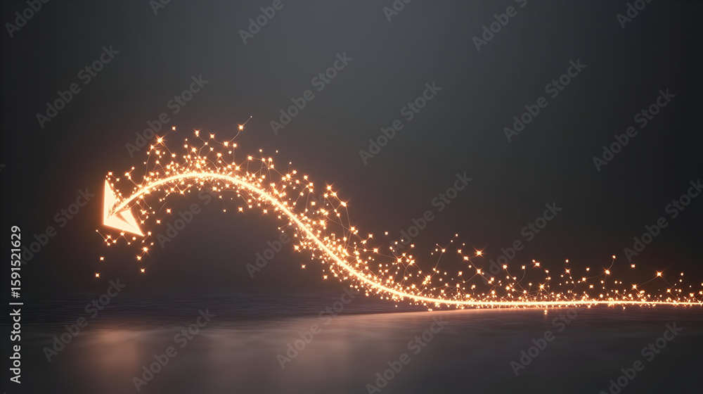 Poster a glowing, sparkling arrow trails across a dark surface. tiny, warm lights follow a curved path