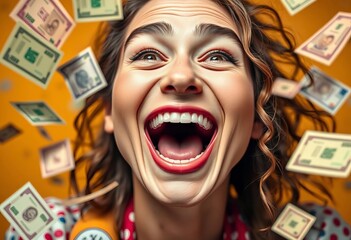 Smiling face, open mouth, excitement, rupees flying, lottery win, joyful expression, ai generated, rich