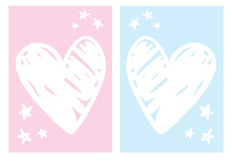  Hand Drawn Hearts with Stars on Pink and Blue Background Cute Nursery Minimalist Art Vector 
