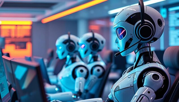Futuristic AI-powered call center with humanoid robots assisting clients,  illustration,  future