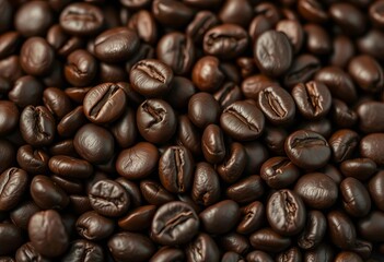 Fototapeta premium Close-up of dark roasted coffee beans; rich browns, oily sheen, deep textures, food, texture background