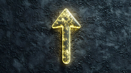 Illuminated upward arrow against dark textured surface.  Gold-hued glow highlights the arrow shape,  accentuated by the rough, textured background
