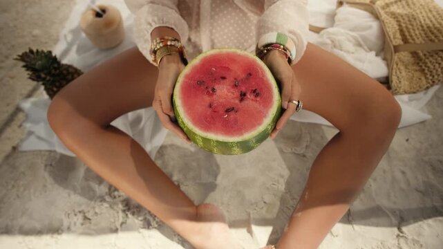 Tanned Woman Holding Watermelon On Beach In Relaxing Summer Scene
