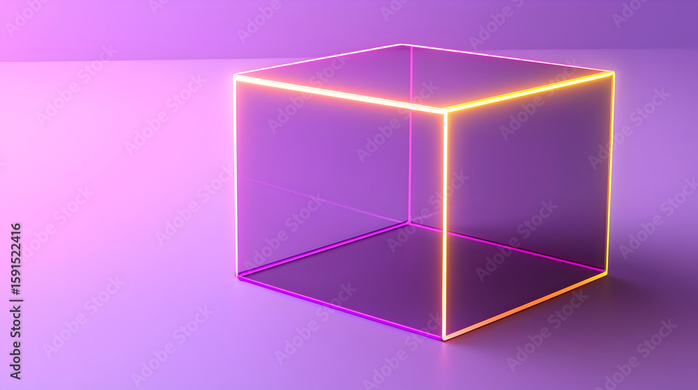 Fototapete neon-lit, transparent cube on a gradient backdrop. a geometric shape with vibrant, glowing outlines,