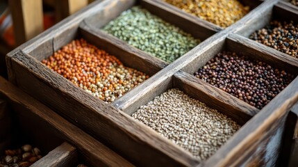 Rustic Wooden Tray Displaying Assorted Grains and Seeds, Close-Up View