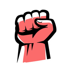 Raised clenched fist emblem. Strength or protest, empowerment and unity symbol. Gym, fight club sign