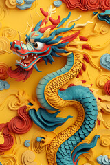 Fototapeta premium Colorful dragon sculpture intertwined with clouds against a vibrant yellow backdrop