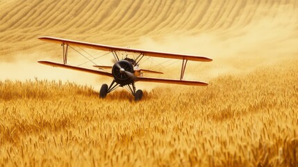 Vintage Biplane Soaring Low Over Golden Wheat Field, Agricultural Landscape