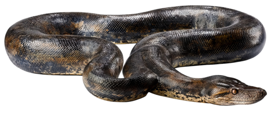Full‑body high‑resolution anaconda PNG cutout on transparent background for wildlife education, jungle‑themed graphic design, venomous reptile identification, conservation infographics