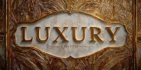Ornate Gold and Marble Wall with Embossed "Luxury" Text in Artistic Setting

