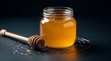 Honey jar with wooden dipper on black background