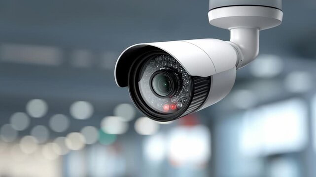 Security camera mounted on wall, capturing surveillance footage in modern office environment, with blurred background showcasing contemporary design and lighting, emphasizing safety and monitoring tec