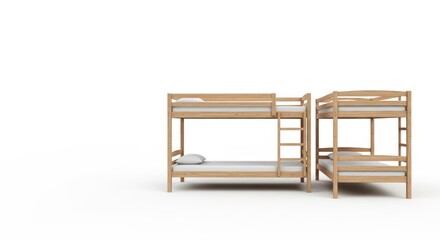 Empty wooden bunk bed set with mattress on white background  
