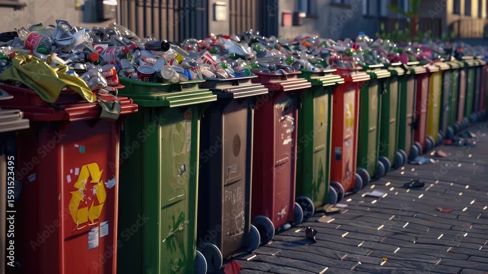 Poster a row of garbage cans sitting next to each other, ideal for use in urban or cityscape settings