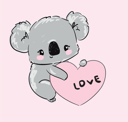 Vector cute koala and heart simple illustration. Kids print.