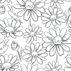 Chamomile sketch on white background, textile design. Pattern Seamless Vector Illustration