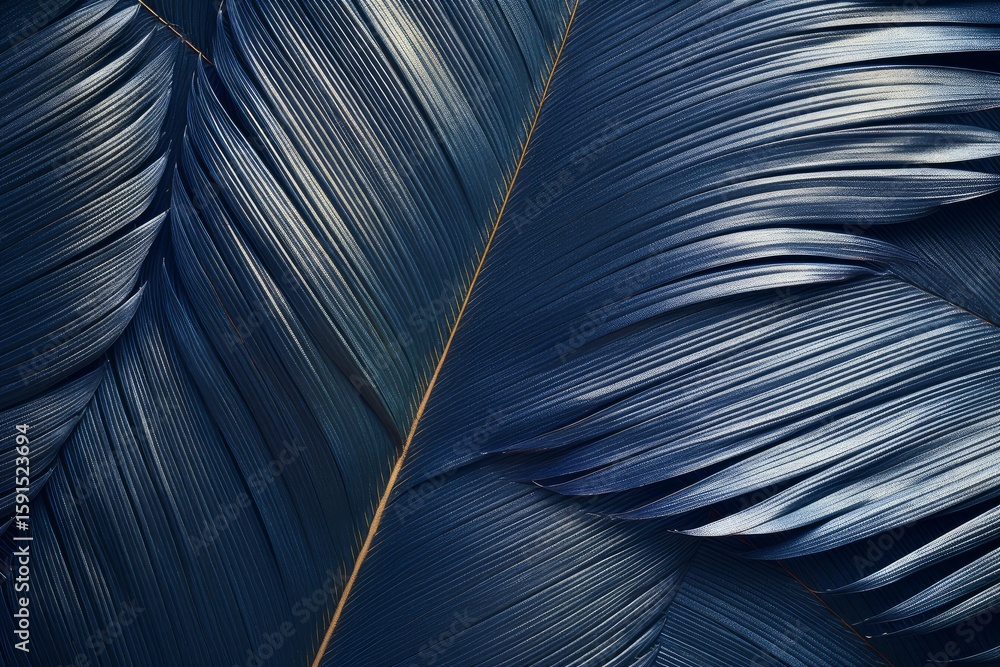 Poster close up of overlapping dark blue tropical palm leaves creating a graphic background with lines and 