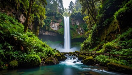 Lush waterfall cascading down a rocky cliff in a dense, green forest