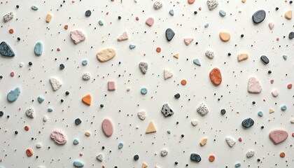 Colorful pebble texture on a white background resembling a terrazzo pattern design