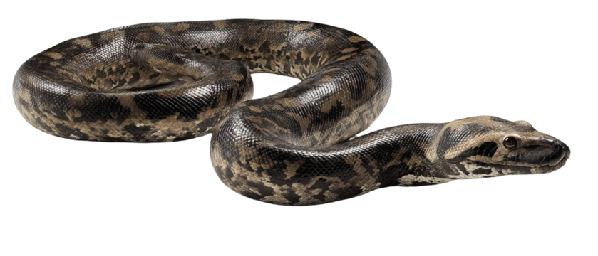 Full‑body high‑resolution anaconda PNG cutout on transparent background for wildlife education, jungle‑themed graphic design, venomous reptile identification, conservation infographics