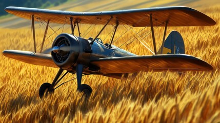 Biplane resting in golden wheat field, vintage aviation, sunny day