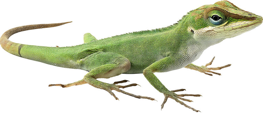 Full‑body high‑resolution anole lizard illustration isolated on transparent background, exhibiting realistic scale texture, perfect PNG cutout for wildlife education, herpetology infographics