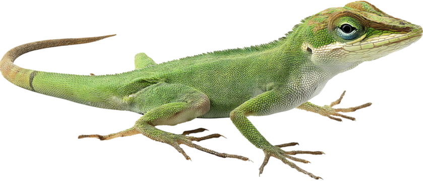 Full‑body high‑resolution anole lizard illustration isolated on transparent background, exhibiting realistic scale texture, perfect PNG cutout for wildlife education, herpetology infographics