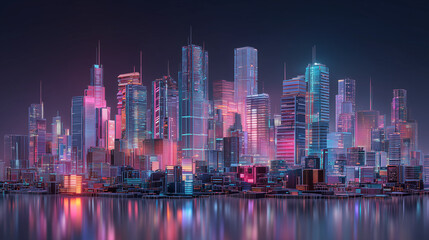 Obraz premium City skyline, neon lights, night time, vibrant and sleek atmosphere, green and pink neon hues, modern and stylish, bustling cityscape